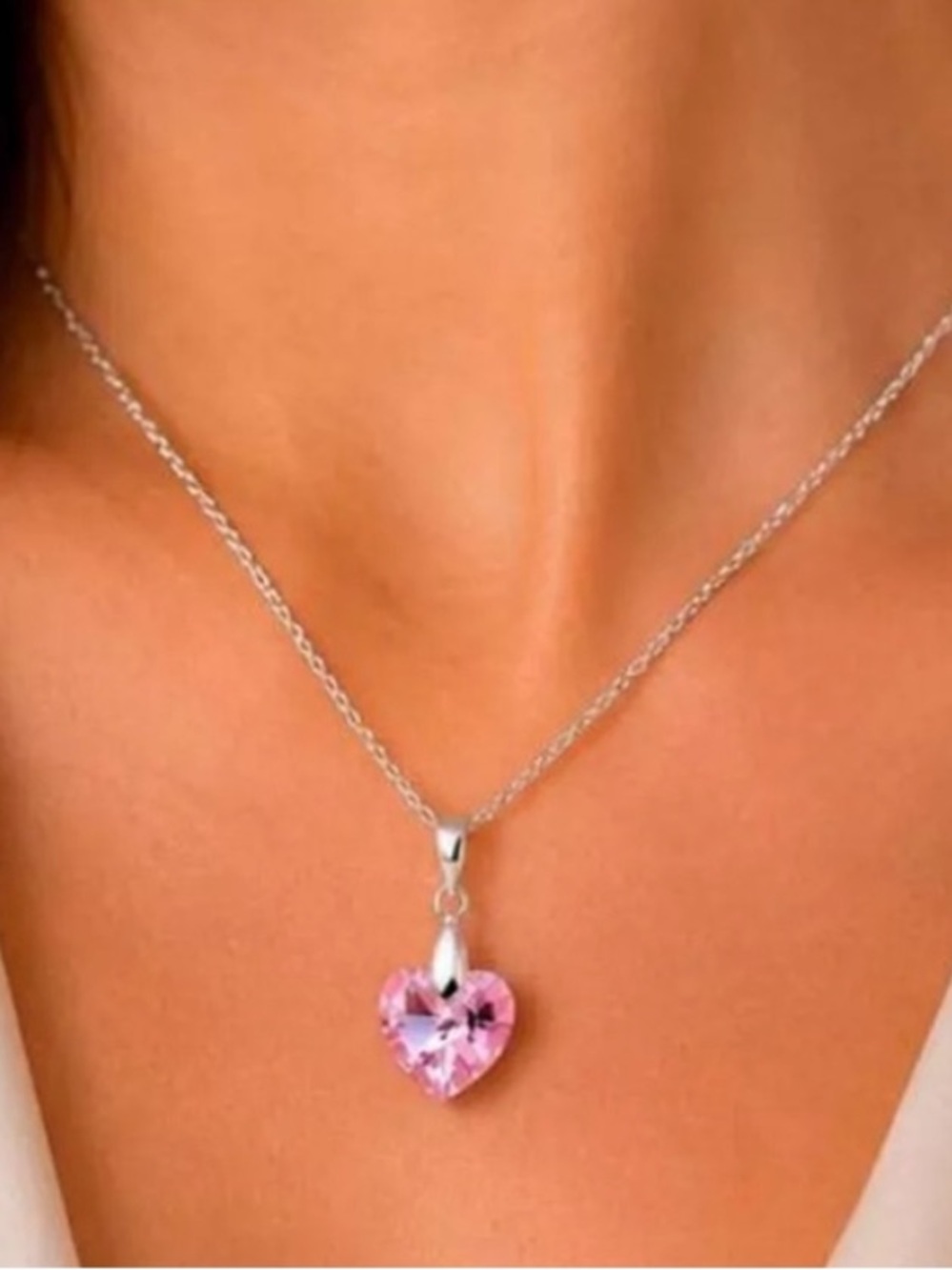 925 Sterling Silver Pink Crystal Aurora Borealis Glass AB Necklace